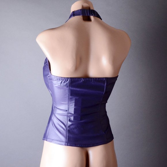 Purple Lace Up Elastic Halter Padded Bust Sexy Gothic Steampunk Corset Top Vest - Picture 4 of 6